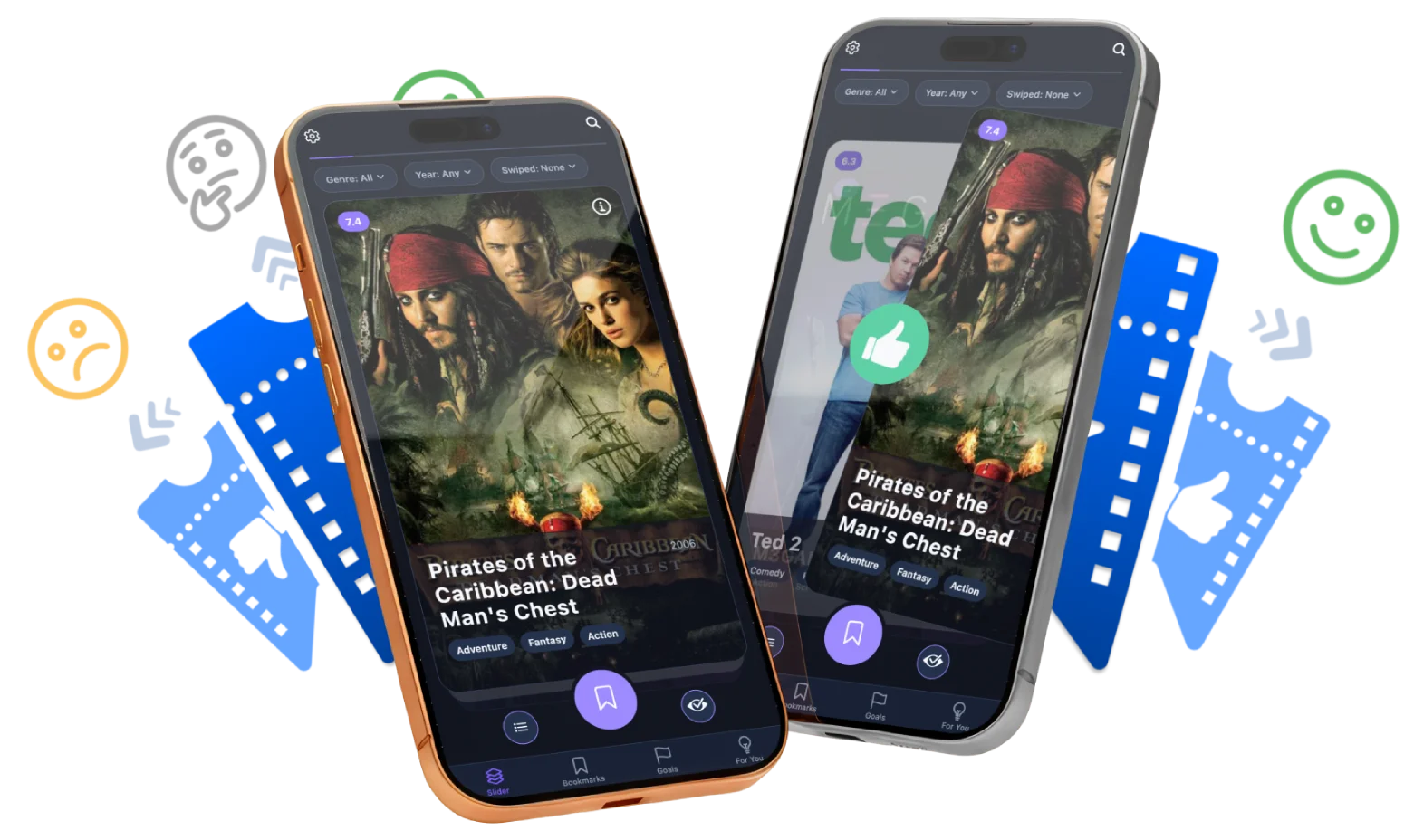 Movie Slider app showing swipe cards with movie backdrops and metadata
